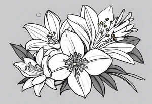 bouquet of flowers containing one lily, one daisy, one daffodil, and one narcissus. fine line with the stems in a bouquet tied by a bow. tattoo idea
