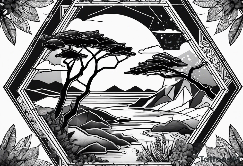 black hexagon filled with nature tattoo idea