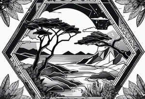 black hexagon filled with nature tattoo idea