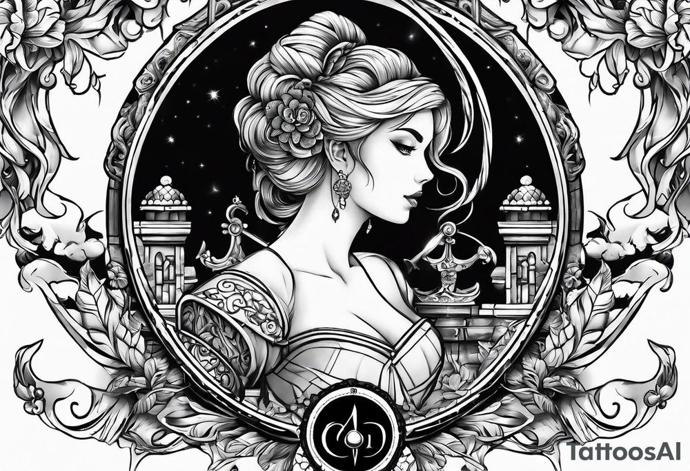 with a lady juctice emblem a sword and a scale tattoo idea
