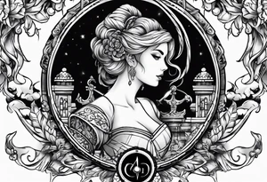 with a lady juctice emblem a sword and a scale tattoo idea