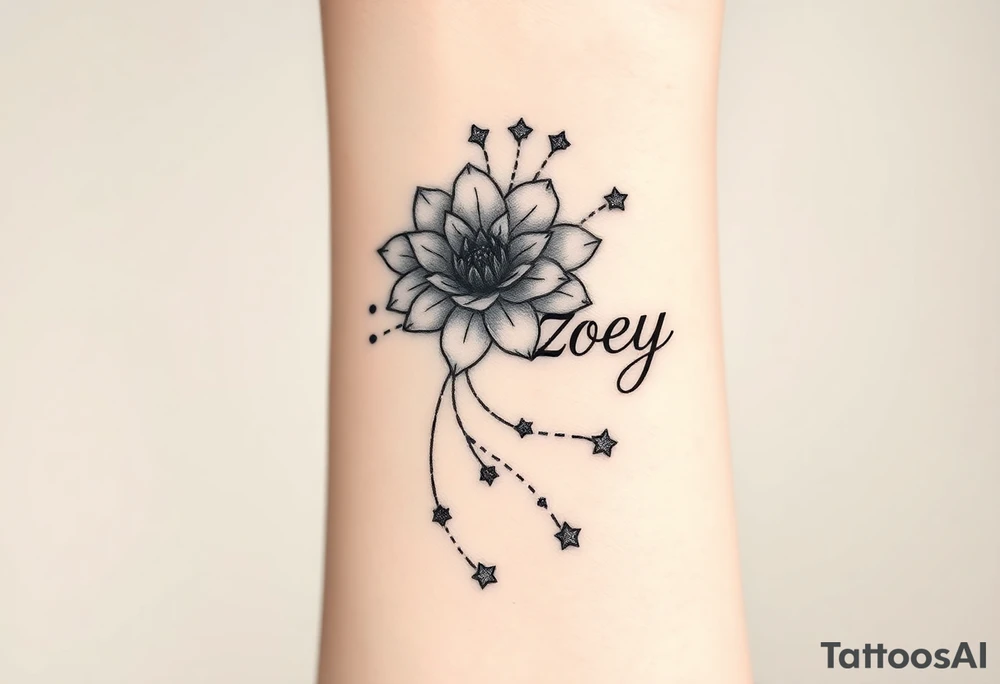I want it on my wrist. I want a beautiful flower on the inside of my wrist with tendrils down the inside of my arm with little delicate stars or motes and the name Zoey

Why are you showing it on a back? I want it on the inside of my wrist

I want it to be a little smaller. I want the lines to be super fine. I want more organic delicate tendrils. The name Zoey should be about 3" up on the inside of my arm 

Ok now more stars. I just want the tnedrils to look more natural and flowy and graceful tattoo idea
