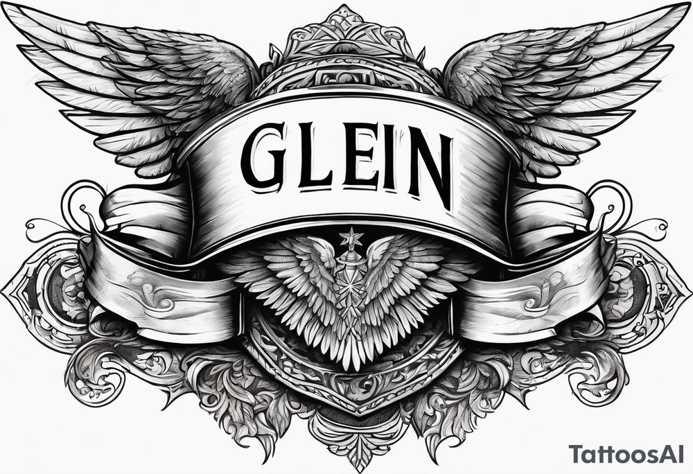 The word Glenn on a banner with angel Wings tattoo idea
