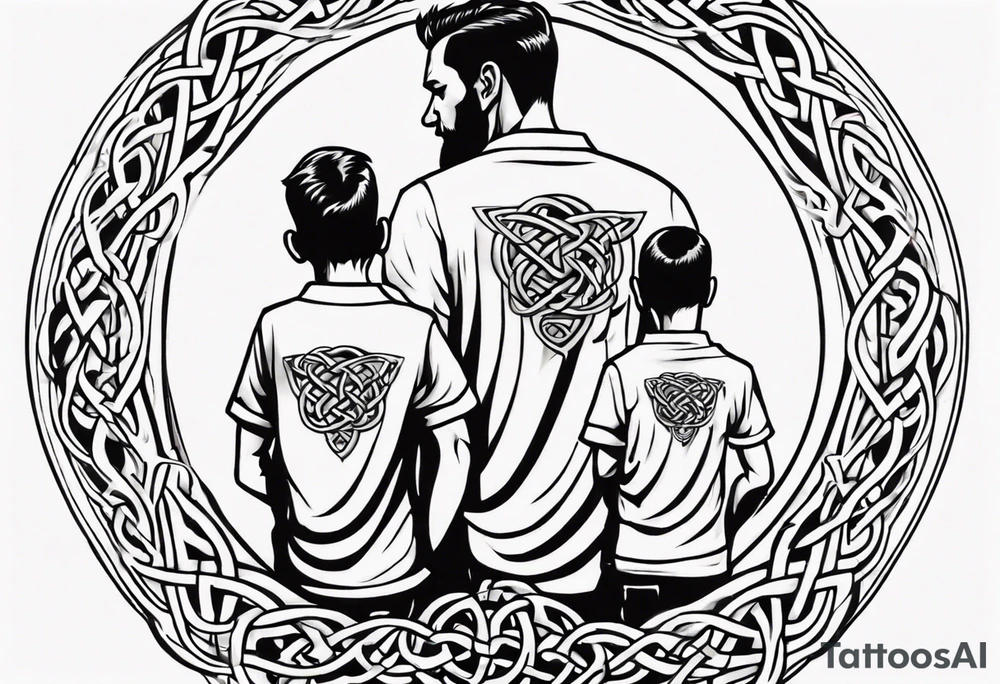 a father with a son on each shoulder from behind. A subtle design on their backs of celtic music.

This tattoo would fit on a calf. tattoo idea