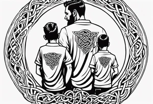 a father with a son on each shoulder from behind. A subtle design on their backs of celtic music.

This tattoo would fit on a calf. tattoo idea