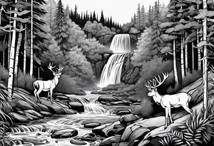 Water fall in a forest with a deer tattoo idea