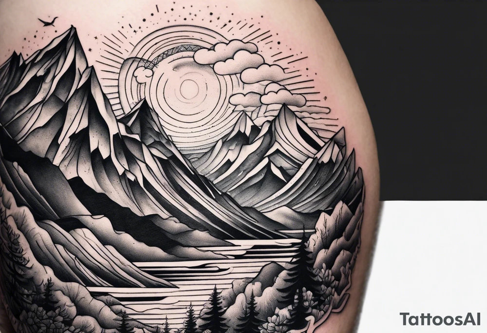 straight line -  represents overcoming challenges & strength - mountains, waves with a little sunshine tattoo idea
