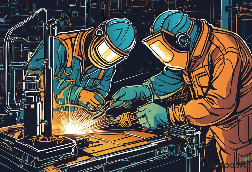 Two 60-year-old characters working together on creating a big mechanism made of iron and electronic circuits. The first character is a welder, dressed in a welding suit and mask. The second character is a fitter, wearing a shirt with sleeves rolled up to the forearms and a tool belt. No hat. The mechanism they are working on should be in the center of the drawing, should look like a heart and to be 1\5 of the whole immage.  Characters positioned on either side of the mechanism. The sketch should convey a sense of teamwork and craftsmanship tattoo idea