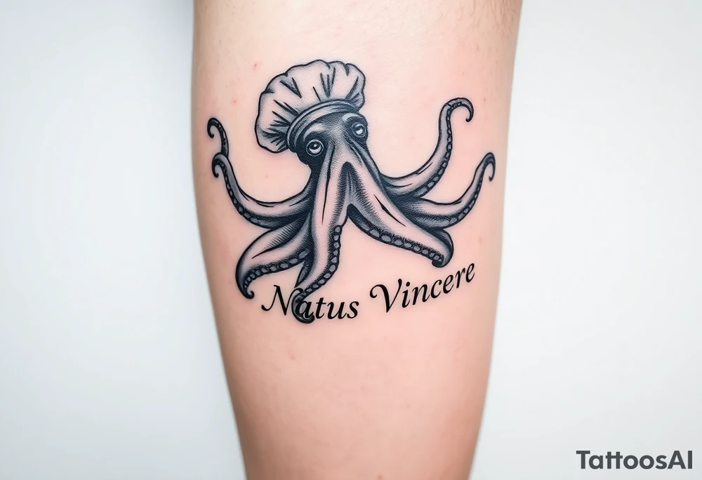 An octopus on the right calf with the Latin phrase Natus Vincere; the tattoo has to be very realistic and the octopus must be wearing a chef's hat. tattoo idea