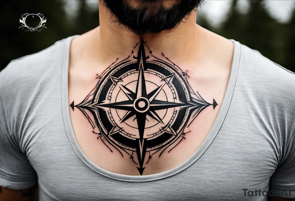 Design a Black and White tattoo featuring a compass as the central element. The compass should have sharp, bold lines and intricate markings for the cardinal directions. A prominent scar runs diagonally behind the compass, slightly tilted, with smooth but jagged edges and tapered ends. The scar should appear as a healed wound integrated into the compass’s design, creating a strong contrast between the compass and the scar. Use minimal shading to enhance depth while maintaining the high contrast typical of Black and White tattoos tattoo idea