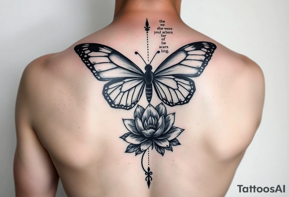 butterfly with cracked wings and lotus flower with quote that says “she wore her scars like wings” all down spine but very elegant towards lower back and small tattoo idea