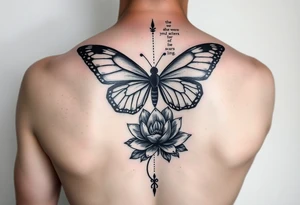 butterfly with cracked wings and lotus flower with quote that says “she wore her scars like wings” all down spine but very elegant towards lower back and small tattoo idea