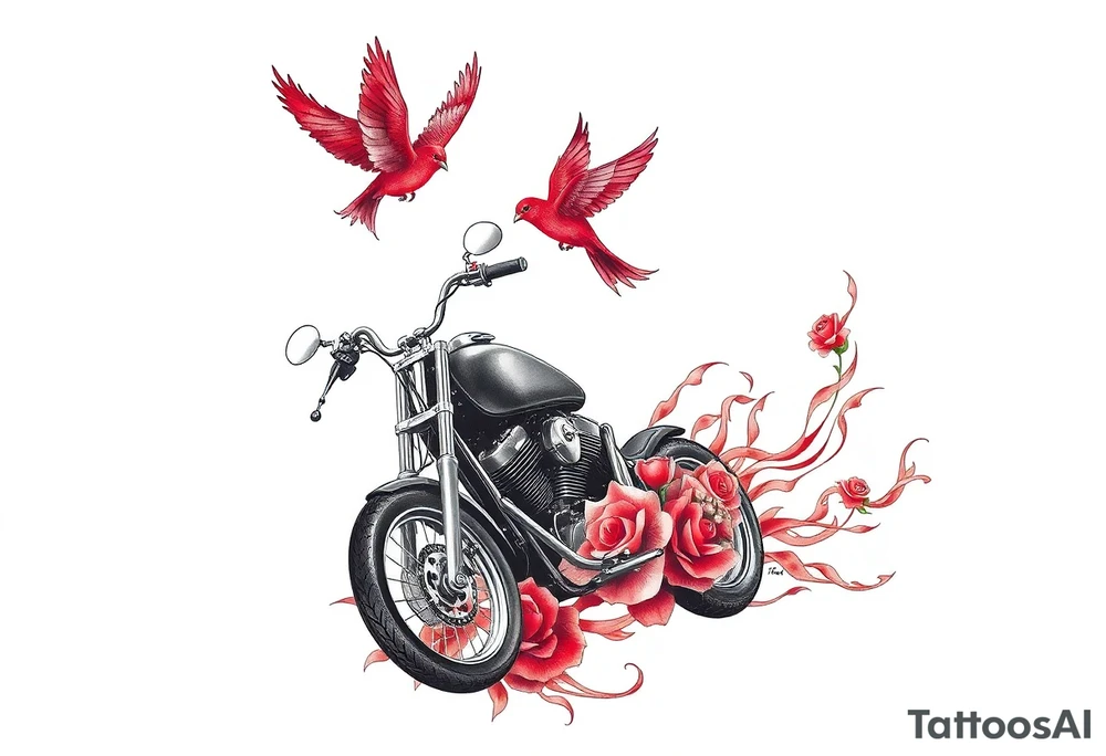 Motorcycle driving away, two red birds flying, roses and lace, flames tattoo idea