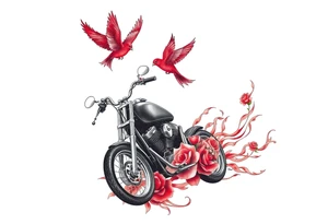 Motorcycle driving away, two red birds flying, roses and lace, flames tattoo idea