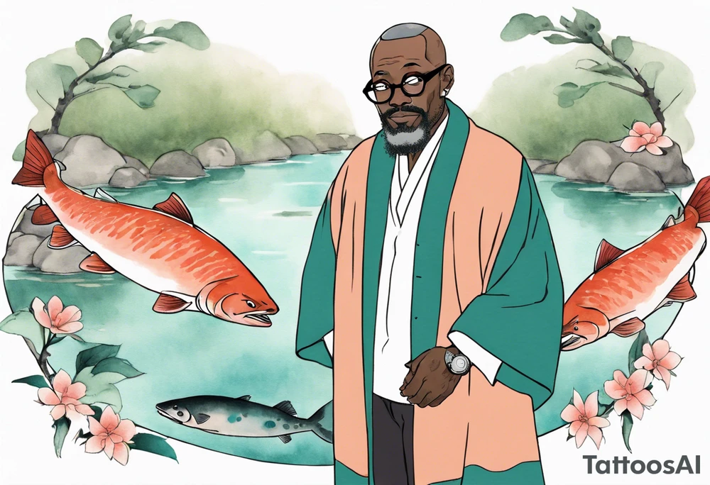 a 50-year-old black man wearing salmon and teal cloak and round glasses standing by a pond with a salmon in it tattoo idea