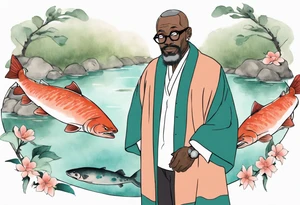 a 50-year-old black man wearing salmon and teal cloak and round glasses standing by a pond with a salmon in it tattoo idea