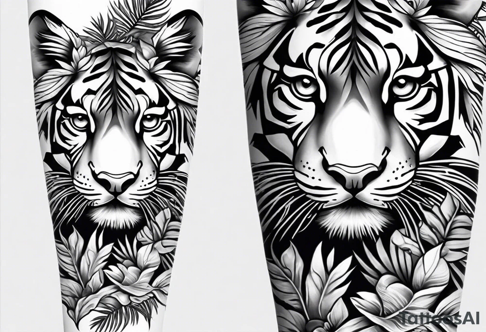 Womans Full arm tattoo sleeve design.  Smaller 
abstract tiger full body coming down front of shoulder, monstera foliage on forearm, beach landscape on bicep tattoo idea