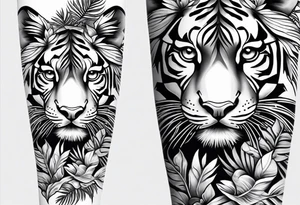 Womans Full arm tattoo sleeve design.  Smaller 
abstract tiger full body coming down front of shoulder, monstera foliage on forearm, beach landscape on bicep tattoo idea
