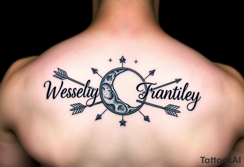 Name tattoo with Wesley Brantley Logan with arrows infinity moon and stars tattoo idea