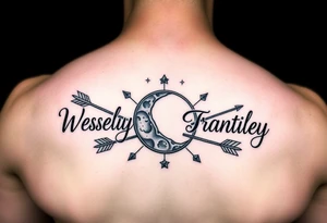 Name tattoo with Wesley Brantley Logan with arrows infinity moon and stars tattoo idea