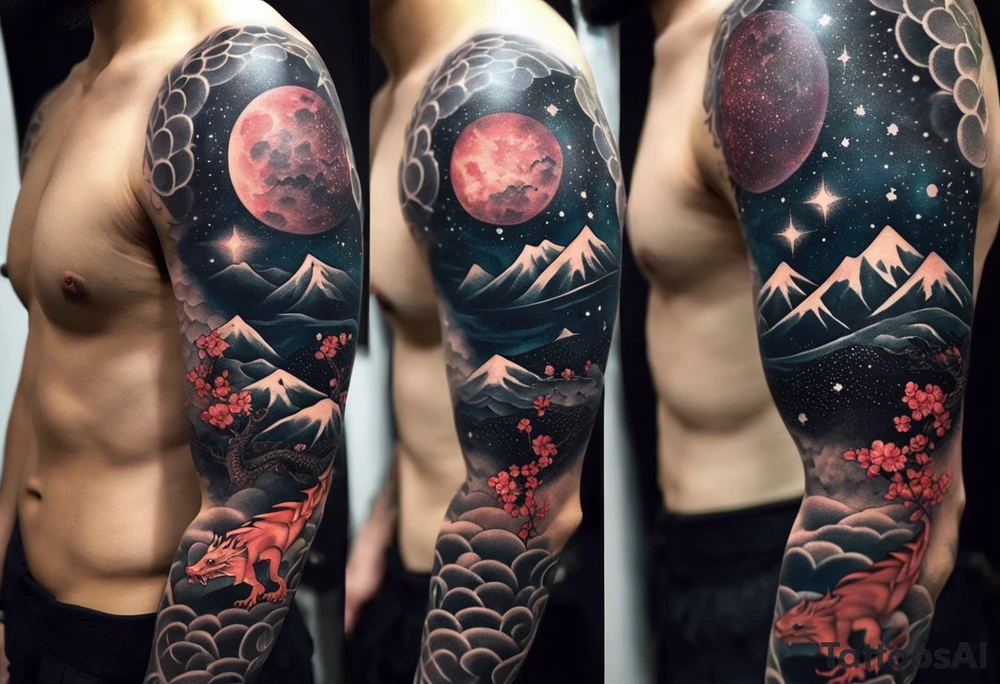 Design a full sleeve tattoo that incorporates a combination of Japanese and geometric themes. Central elements include a fierce dragon intertwined with a katana, symbolizing power and protection, with a samurai warrior standing strong in traditional armor. Surrounding this, integrate a galaxy scene with stars and nebulae, blending into the background to create a cosmic, otherworldly feel. Incorporate geometric patterns like the golden ratio, detailed lines, and precise shapes for structure and flow. Add traditional Japanese waves and delicate sakura blossoms scattered throughout, representing harmony and beauty, all merging into a cohesive design that wraps around the entire arm tattoo idea
