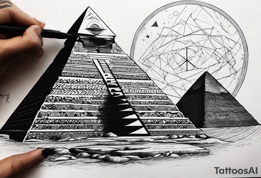 I want a tattoo of the Big Bang with a black hole and inside the black hole I want the pyramids of Giza. tattoo idea