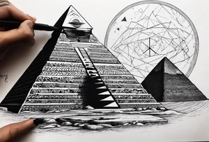 I want a tattoo of the Big Bang with a black hole and inside the black hole I want the pyramids of Giza. tattoo idea