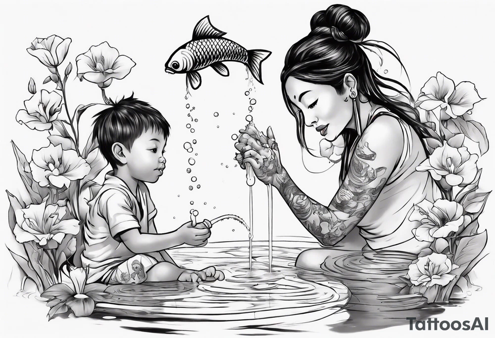 ethnic 
woman and little boy, watering sweet pea flowers cascading down, surrounding a pond with 2 koi fish swimming tattoo idea