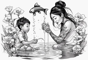 ethnic 
woman and little boy, watering sweet pea flowers cascading down, surrounding a pond with 2 koi fish swimming tattoo idea