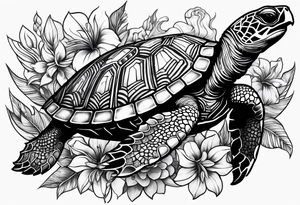 Full Sleeve and chest, Viking, Hawaiian, sea Turtle, flowers tattoo idea