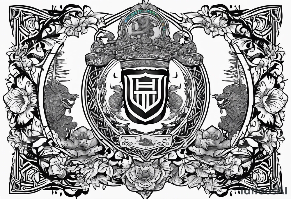 family crest with Whidbey Island, Cambodia, Scotland, Ghana, Liberia, Haiti tattoo idea