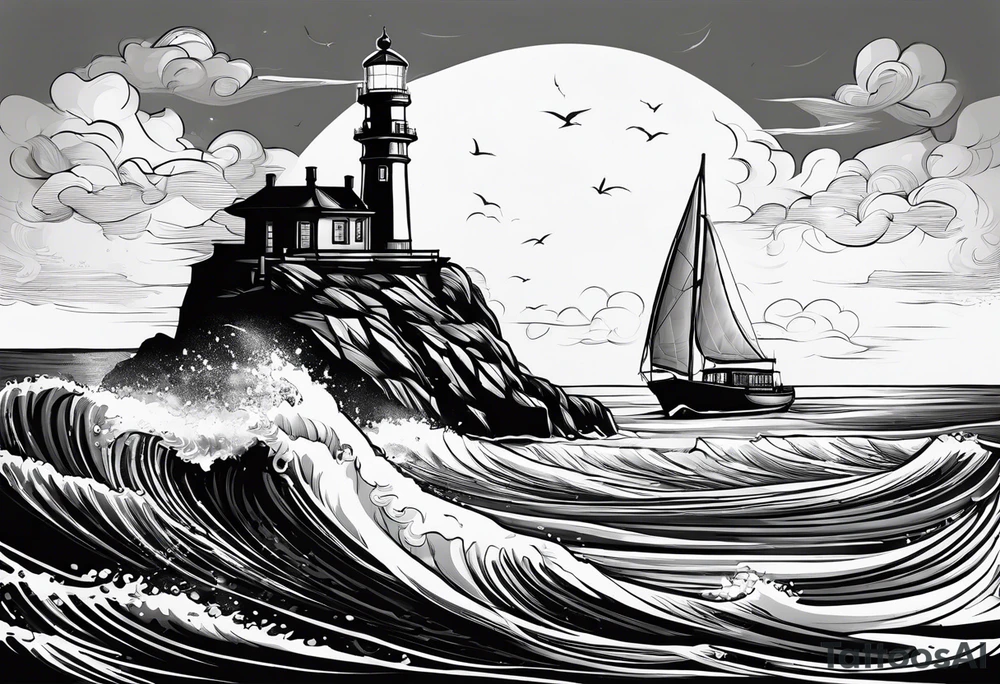 phare maritime dans un bateau a voiles. tattoo idea
