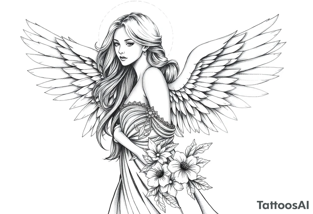 .


🌟 Image 2: Angelic Woman Tattoo Design
 
A beautifully detailed pencil sketch of an angelic woman with long flowing hair and magnificent feathered wings. She wears a flowing, nature-inspired gown adorned with floral and leaf patterns, blending elegance and divine femininity. Her expression is serene yet strong. The feathers and fabric flow gracefully around her, creating a sense of lightness and movement. The black-and-white pencil drawing gives it a timeless, classical tattoo appeal.

Keywords: angel woman, divine beauty, feathered wings, floral gown, feminine strength, heavenly figure, pencil sketch, classic tattoo tattoo idea