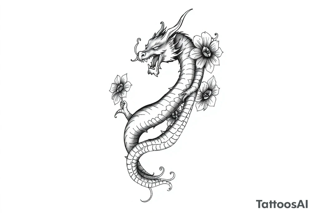 un dragon central entouré de fleurs de lys de style avec des ombrages dans un style assez fin tattoo idea