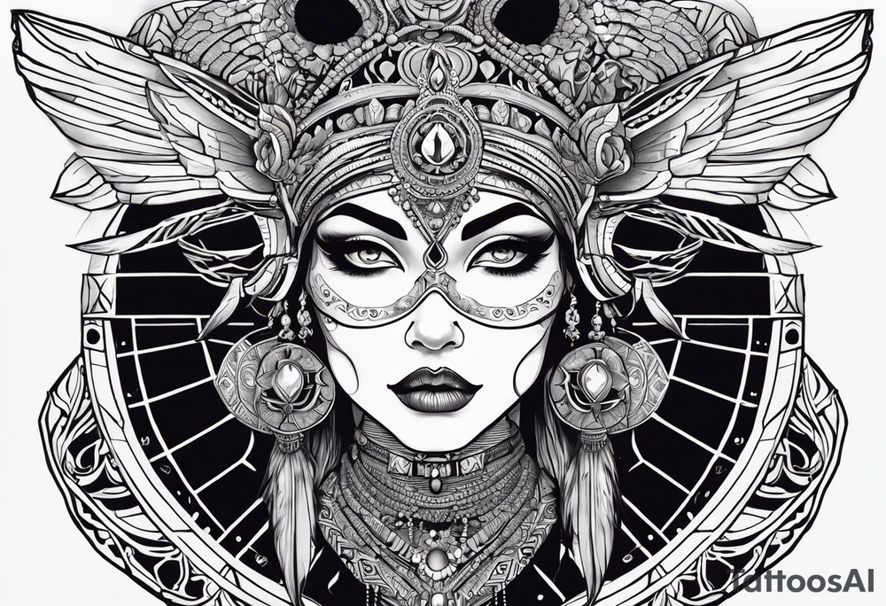 kali ma, alien goddess, valkrye, pirate, divine feminine, zenza resonance, pachamama, lotus azul, blank panther, eagle, skull, 5D, nueva gaya, dna 12 tattoo idea