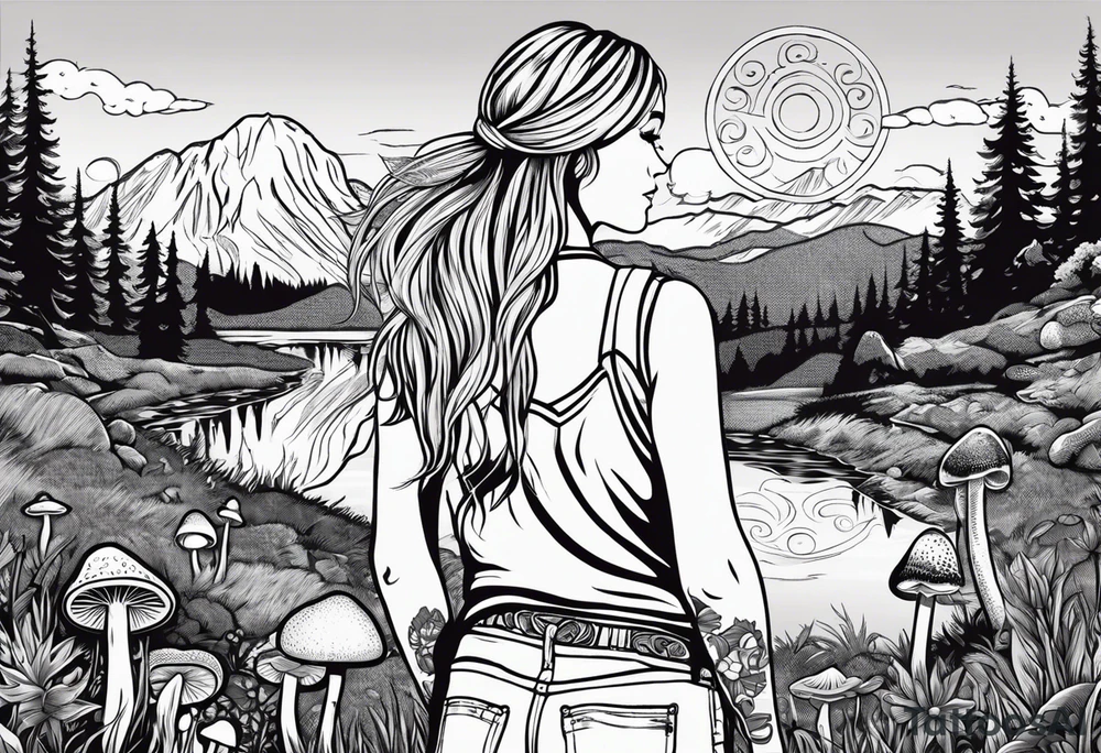 Whole picture encircled fully

Straight long blonde hair hippie girl in distance holding mushrooms in hand facing away toward mountains and creek surrounded by mushrooms tee shirt and hiking pants; whole rendering within a full circle, no cut off circle tattoo idea