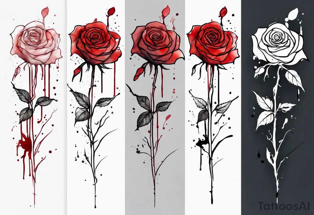 rose flower, one line, red blood dripping from the flower, tall, watercolor, with a cross in the stem tattoo idea