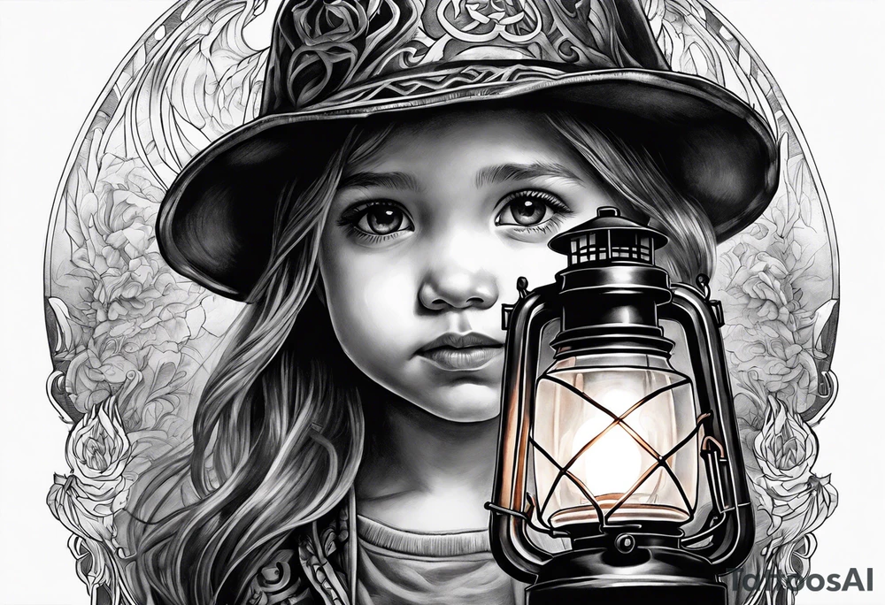 A small girl holding a lantern in hell tattoo idea