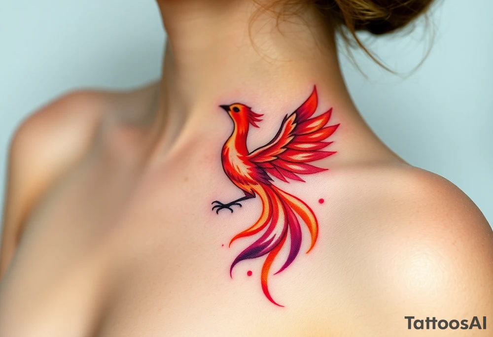 Square, phoenix rising from fire with both wings opened, colors red, pink, orange and purple. tattoo idea