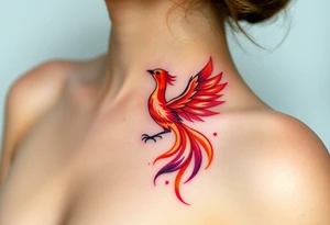 Square, phoenix rising from fire with both wings opened, colors red, pink, orange and purple. tattoo idea