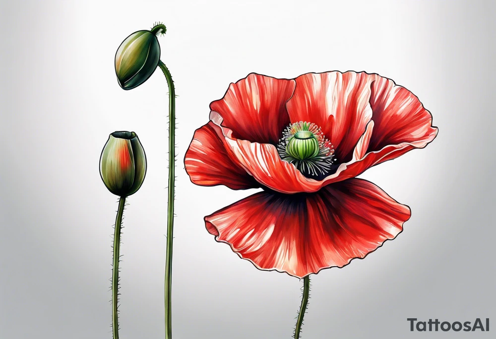 One Red poppy flower with long stem tattoo idea
