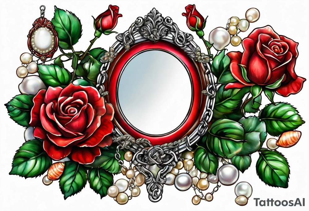Hand mirror Red roses with a chain made of pearls and seashells tattoo idea