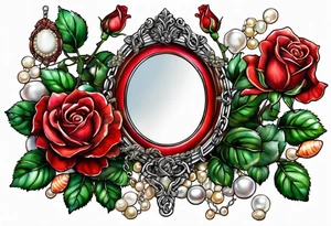 Hand mirror Red roses with a chain made of pearls and seashells tattoo idea