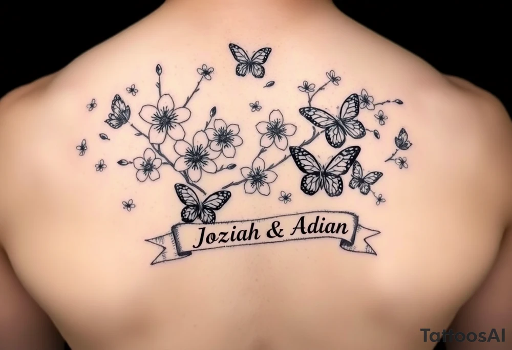delicate cherry blossoms swirling in spring breeze with petals with medium and small butterfly's and a ribbon with the name Joziah & Adian tattoo idea