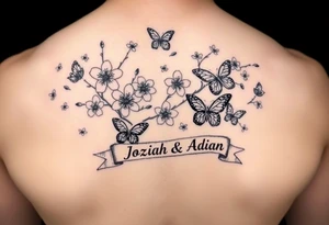 delicate cherry blossoms swirling in spring breeze with petals with medium and small butterfly's and a ribbon with the name Joziah & Adian tattoo idea