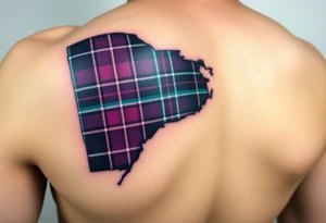 Dark Purple with green pink blue and white highlights tartan fabric on bicep with skin shedding away to reveal tartan underneath tattoo idea