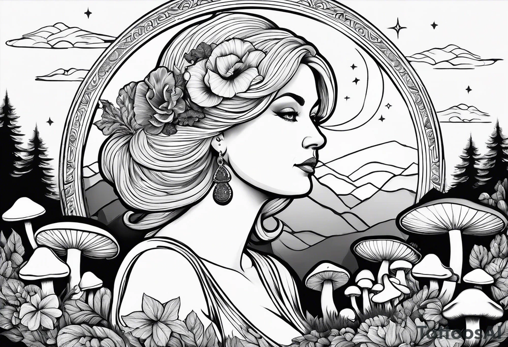 Older blonde fat woman no makeup surrounded by mushrooms mountains crescent moon background tattoo idea