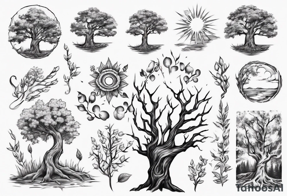 Small spring beside a oka tree plus sun in the tree trunk tattoo idea