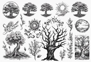 Small spring beside a oka tree plus sun in the tree trunk tattoo idea