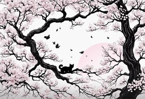 elongated hanging cherry blossom branch meeting with a dying pine tree with hidden cute demon cat tattoo idea